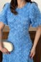 Women's Blue Midi Rose Appliqué Balloon Sleeve Round Neck Lined Event Dress - 4