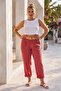 Brick Red Color Pocketed Thin Belted Elastic Waist Baggy Leg Linen Look Woven Trousers 95 62 - 4