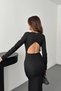 Women's Black Dress Slim Fit Crew Neck Long Sleeve Backless Midi - 5