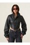 Trend Street Wear Belden Oturmali Korse Detail Crop Leather Jacket Coat -Trendy Streetwear Fitted Faux Leather Cropped Jacket with Corset Detail