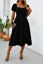 Women's Short Sleeve Square Neck Split Midi Janjan Crepe Dress