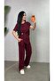 Women's Short Sleeve Crew Neck Side Buckle Detailed Viscose Two-Thread Blouse and Trousers Two-Piece Set