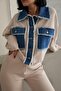 Women's Beige Shirt-Pants Set Shirt Trouser Set Denim Garnished Double Pocket Buttoned Wide Leg - 4