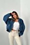 Women's Blue Denim Bomber Jacket with Zipper Pockets and Ribbed Crop Design - 2