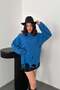 Women's Blue Laser Cut Detailed Crew Neck Oversize Long Sleeve Blouse