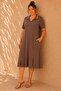 Women's Plus Size Polo Stripe Collar Front Double Slit Pockets Short Sleeve Soft Texture Lyocell Stretchy Midi Dress - 6