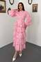 Women's Pink Long Dress with High Collar, Buttoned Belt, Flounces and Floral Texture