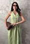 Women's Olive V-Neck Button Detailed Side Belted Sleeveless Maxi Dress - 3
