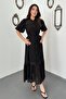 Women's Black Transparent Lined Belted Buttoned Balloon Sleeve Maxi Dress - 2