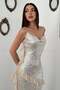 Women's Beige Sequined Chiffon Ruffle Detailed Strappy V-Neck Midi Event Dress - 3