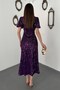 Women's Purple Sequined Midi Dress Round Neck Balloon Sleeves A-Line Lined - 5