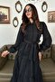 Women's Black Maxi Shirt Collar Belted Striped Buttoned Layered Dress - 3