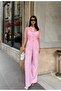 Women's Pink - Pink Tulle Buttoned Round Neck Short Sleeve Wide Leg Long Jumpsuit