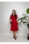 Women's Red - Red Midi Dress with Contrast Collar, Buttoned Short Balloon Sleeves and Belt