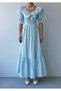 Women's Blue Midi Dress with Plaid Pattern, Ruffle Collar, Balloon Sleeves and Lace Detail - 2