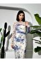 Women's Patterned Floral Tulle Long Sleeve Crew Neck Draped Midi Dress - 6