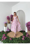Women's Pink Floral Patterned Halter Neck Gathered Waist Midi Dress - 3