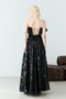 Black Strapless Flounce Patterned Slit Chiffon Evening Dress - 7