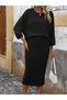 Women's Long Sleeve Round Neck Fleece-Lined Ribbed Knit Blouse and Skirt Two-Piece Set - 3