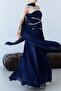 Navy Blue Strapless Crystal Stone Embroidered Draped Shawl Detailed Long Evening Dress - 6