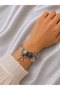 Women's Silver Charm Bracelet Black Stone Bow and Heart Figured Steel Twist Bracelet