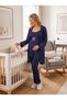 New Season Navy Blue Lace Detailed Design with Easy Breastfeeding Feature, Rope Strap Maternity Pajama Set - 4
