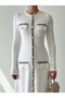 Women's White Midi Dress with Crew Neck, Long Sleeves, Button and Pocket Cover Detail - 8