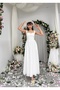Women's White Dress with Scallop Texture, Straps, Heart Collar, Gathered Long Dress - 7
