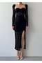 Women's Black Midi Dress with Lace Detail, Slit, Long Sleeves, Sweetheart Neckline - 2