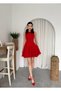 Women's Red Mini Dress with Crew Neck, Sleeveless, Pockets, Flared Skirt, Stylish Design - 6