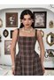 Women's Brown Plaid Strappy Square Neck Fitted Waist Midi Length Flared Dress - 8