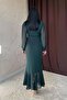 Women's Emerald Chiffon Front Gathered High Neck Long Sleeve Slit Midi Dress - 4