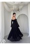 Women's Black Midi Dress Strapless Collar Flounce Chiffon Sleeves Lace Detail - 6