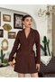 Women's Coffee Color Double Breasted Jacket Dress Lace-Up Waist Gathered Long Sleeve Mini