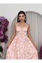 Women's Pink Midi Dress Floral Patterned Halter Neck Lace Detailed Gathered Dress