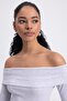 Women's Gray Madonna Collar Long Sleeve Ribbed Textured Slim Fit Off Shoulder Blouse - 4