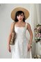 Women's Ecru Floral Detailed Square Neck Strap Waist-Fitted Midi Dress - 4