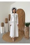 Women's White Midi Dress with Crew Neck, Long Sleeves, Button and Pocket Cover Detail - 5