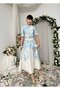Women's Floral D. Blue Floral Patterned Belt Detailed Stand Collar Balloon Sleeve Midi Dress - 7