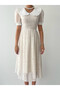 Women's Beige Midi Dress with Heart Pattern, Doll Collar, Pearl Buttons, Balloon Sleeves - 2