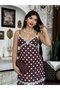 Women's Coffee Color Strap Polka Dot Lace Detailed V-Neck Satin Maxi Slip Dress - 8