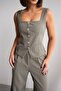 Women's Khaki Stone Button Detailed Corset Vest Double Suit Nh265844 - 4