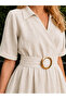 Linen Fabric Buckle Detailed Belted Midi Dress - 2