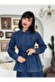 Women's Dark Blue Double Suit Belted Denim Shirt Collar Long Sleeve Midi Skirt Set - 4