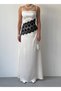 Women's Ecru Strappy Long Satin Evening Dress with Lace Detail and Square Collar - 2