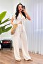 Women's Stone Bottom - Top Set Linen Double Set Single Button V-Neck Lace-Up Wide Leg - 4