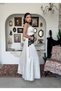 Women's Ecru Strappy Long Satin Evening Dress with Lace Detail and Square Collar - 8