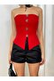 Women's Red Strapless Button Detailed Corset Look Crop Blouse - 2