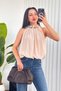 Women's Beige Beaded Detailed Halter Neck Flowy Balloon Cut Sleeveless Blouse - 2