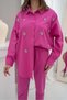 Women's Fuchsia Top and Bottom Set with Stone Detail, Shirt Collar, Buttoned Linen Shirt and Trousers Set - 3